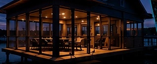 Screened dock glowing at night over water