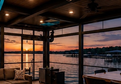 Screened dock interior at dusk over the lake